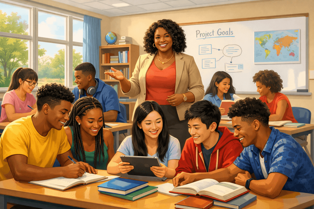 Vibrant multicultural classroom collaboration scene