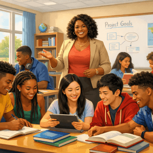 Vibrant multicultural classroom collaboration scene