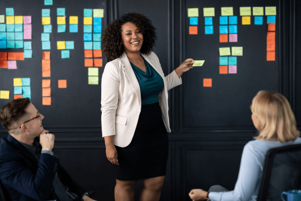 Black businesswoman leading meeting