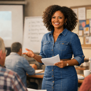 Warm, confident community educator.