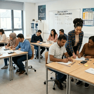 Diverse adult math learning classroom.