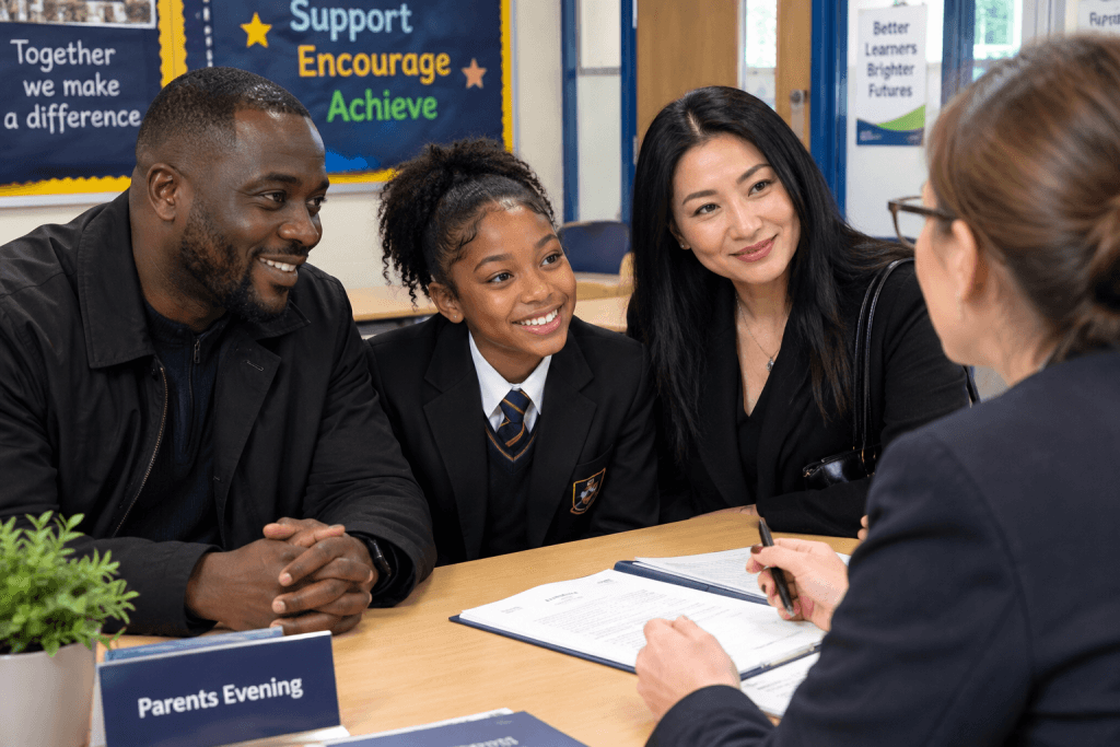 Parents and their daughter talking with a teacher at a parents’ evening